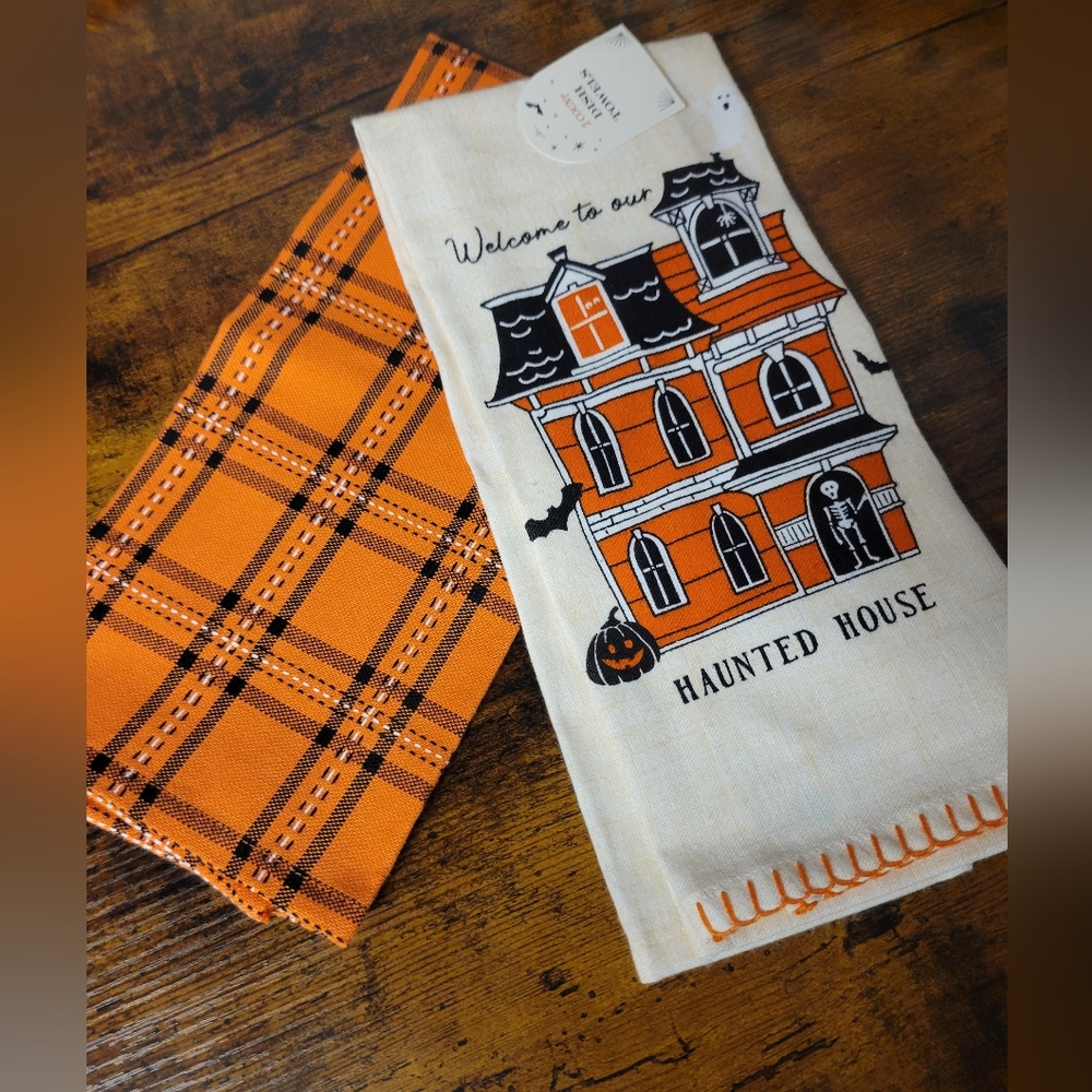 Haunted House Kitchen 2 piece Towel Set - Orange and White